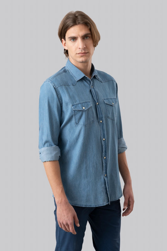 Denim shirt with pocket and button-down collar