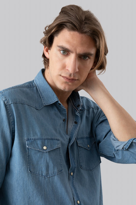 Denim shirt with pocket and button-down collar