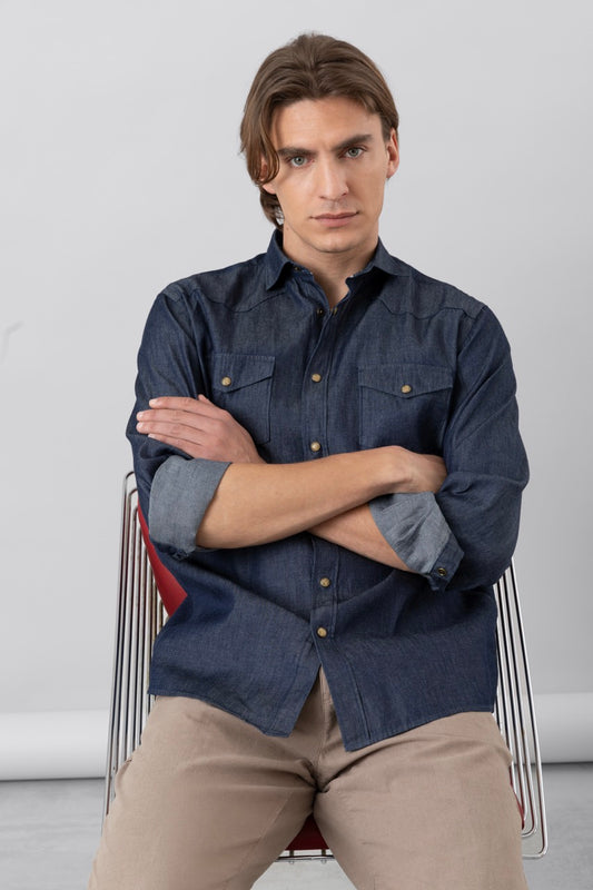 Denim shirt with pocket and button-down collar