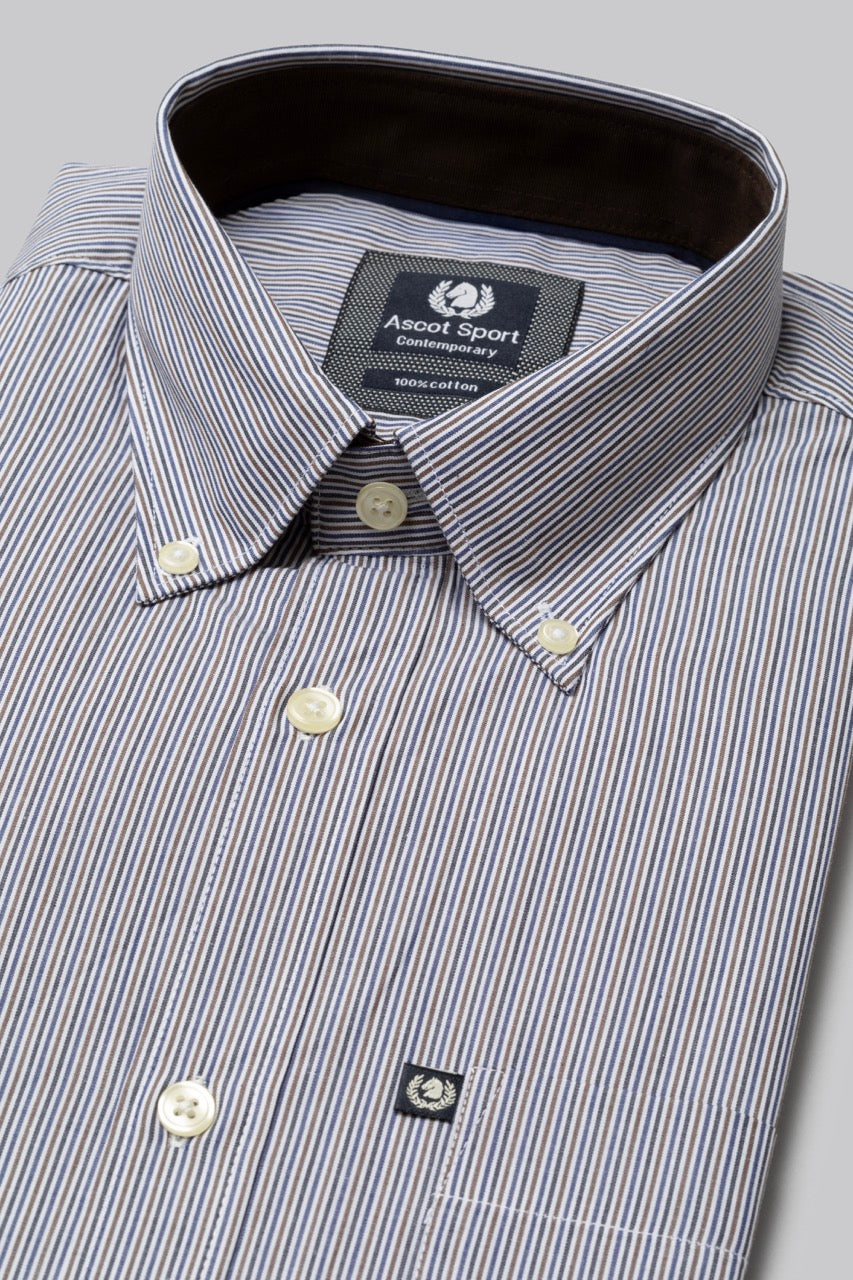 Camicia button down con taschino in popeline fantasia micro riga