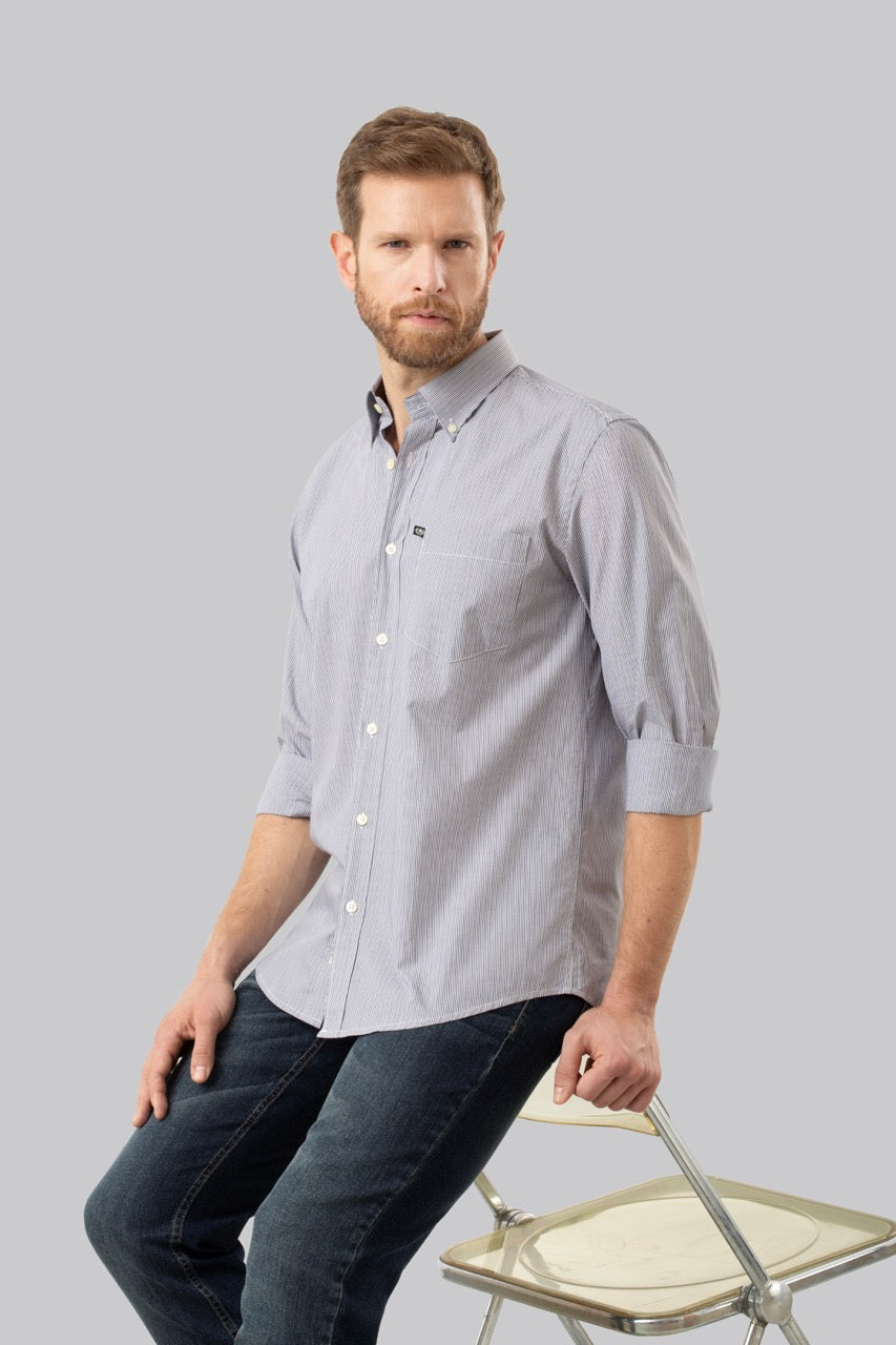 Camicia button down con taschino in popeline fantasia micro riga