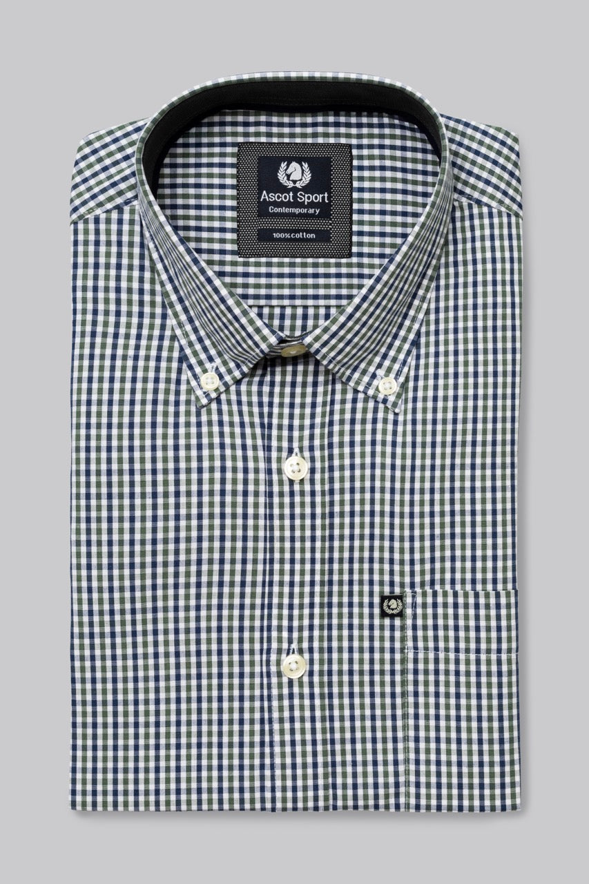 Camicia button down con taschino in popeline fantasia micro quadri