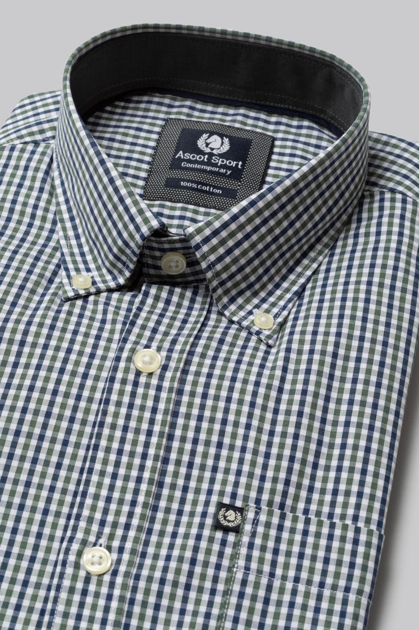 Camicia button down con taschino in popeline fantasia micro quadri