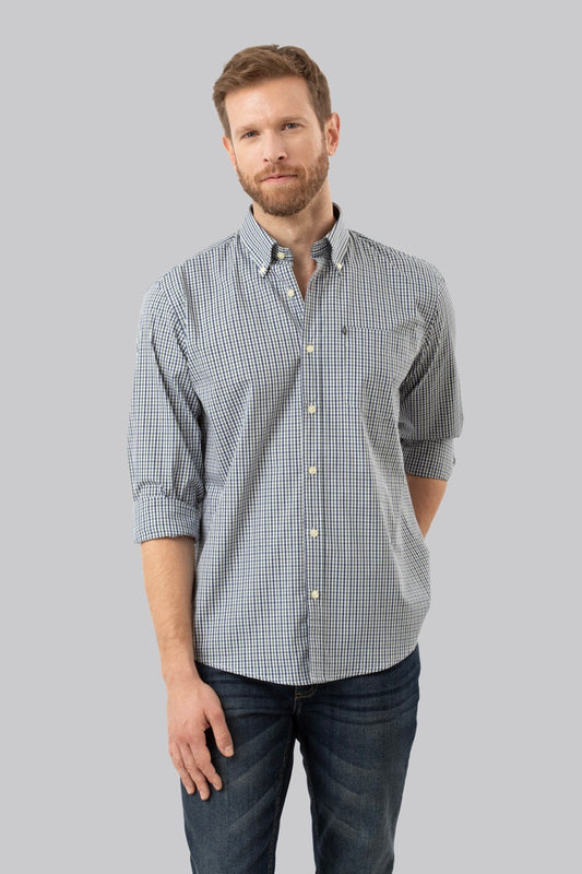 Camicia button down con taschino in popeline fantasia micro quadri