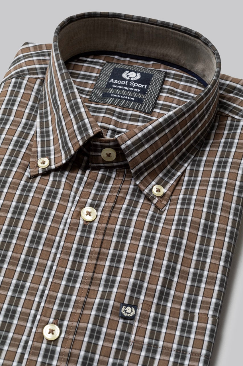 Camicia button down con taschino in popeline fantasia quadri