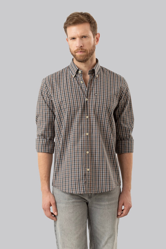 Camicia button down con taschino in popeline fantasia quadri
