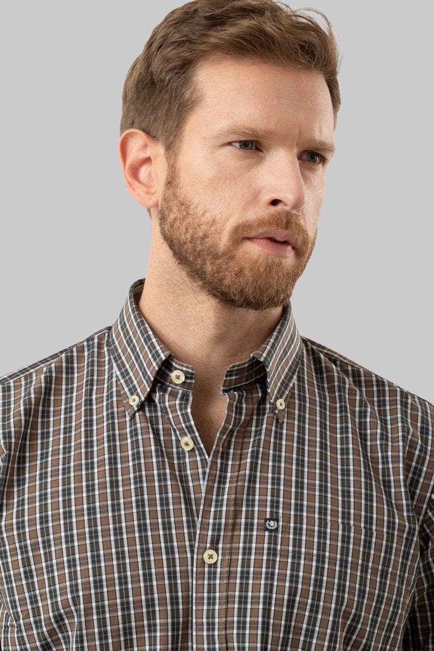 Camicia button down con taschino in popeline fantasia quadri