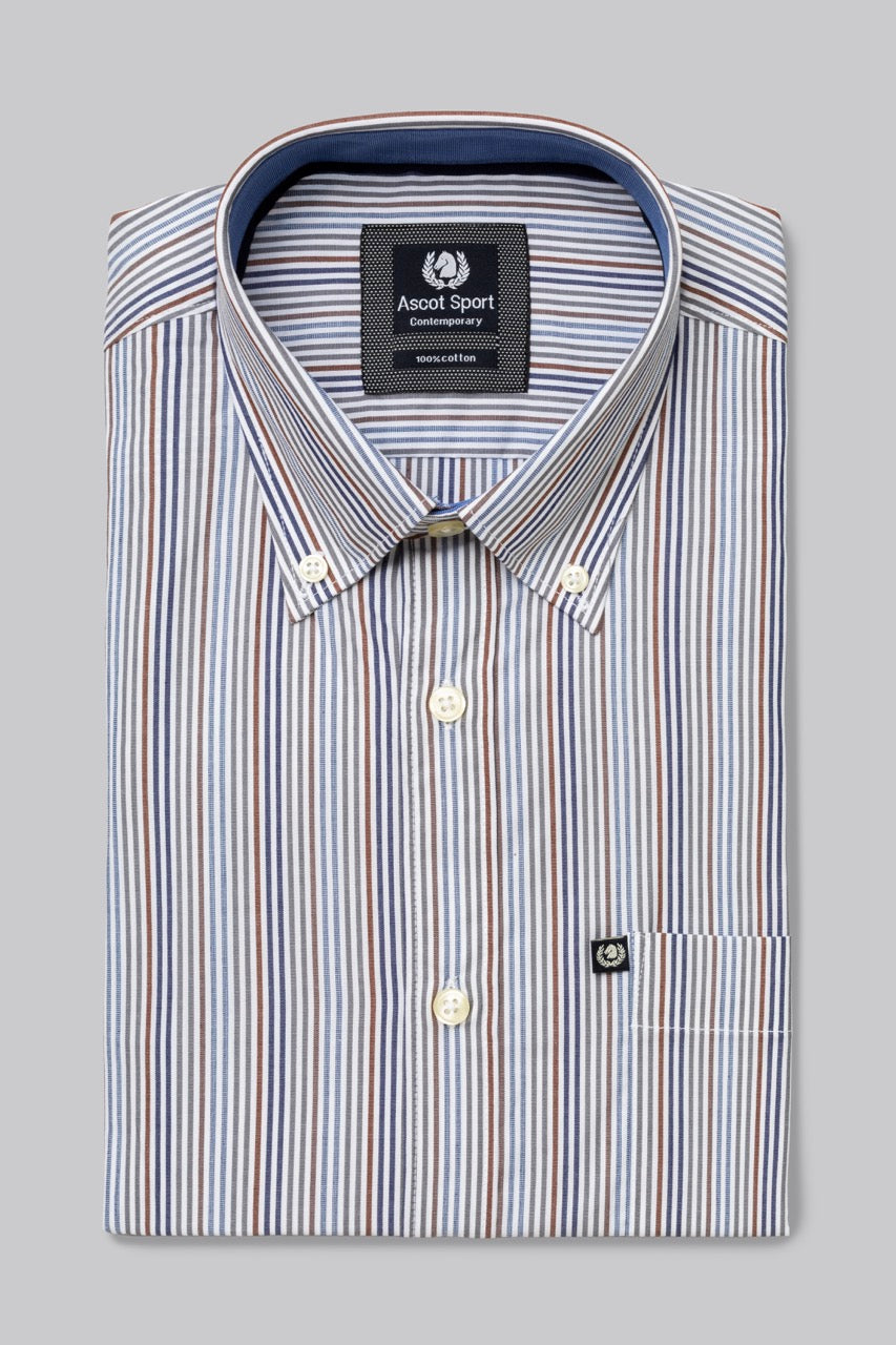 Camicia button down con taschino in popeline fantasia righe multicolore