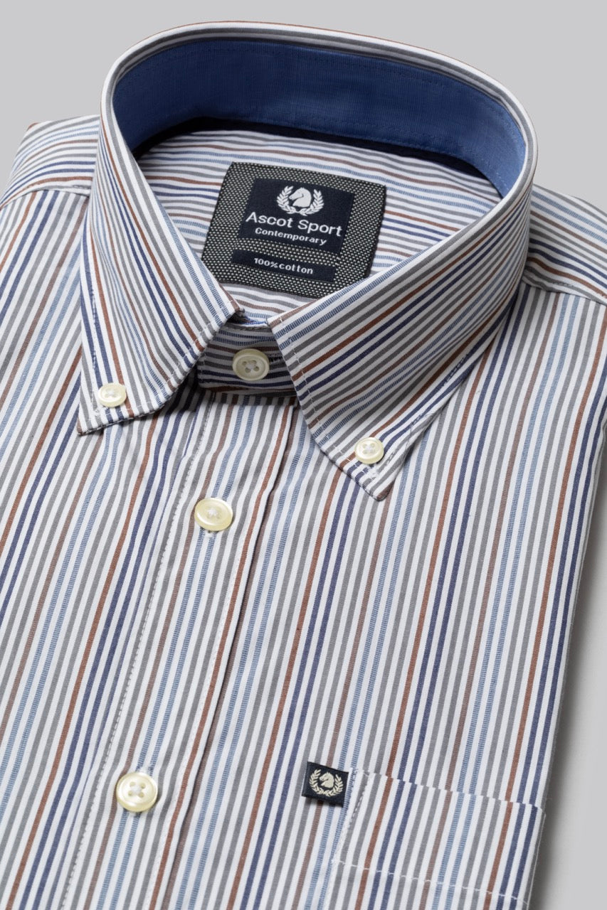 Camicia button down con taschino in popeline fantasia righe multicolore