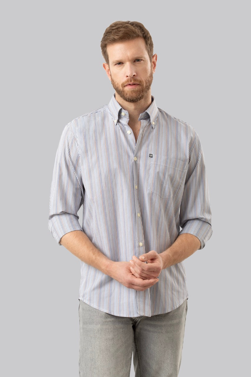 Camicia button down con taschino in popeline fantasia righe multicolore