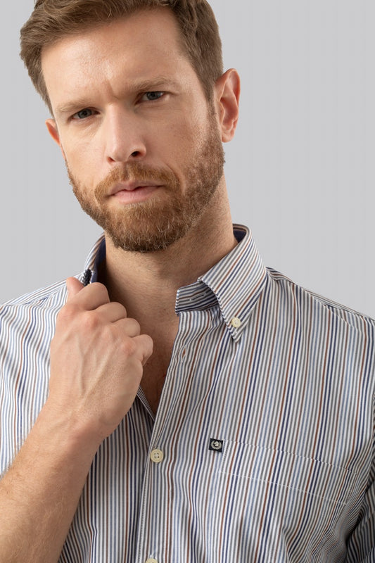 Camicia button down con taschino in popeline fantasia righe multicolore
