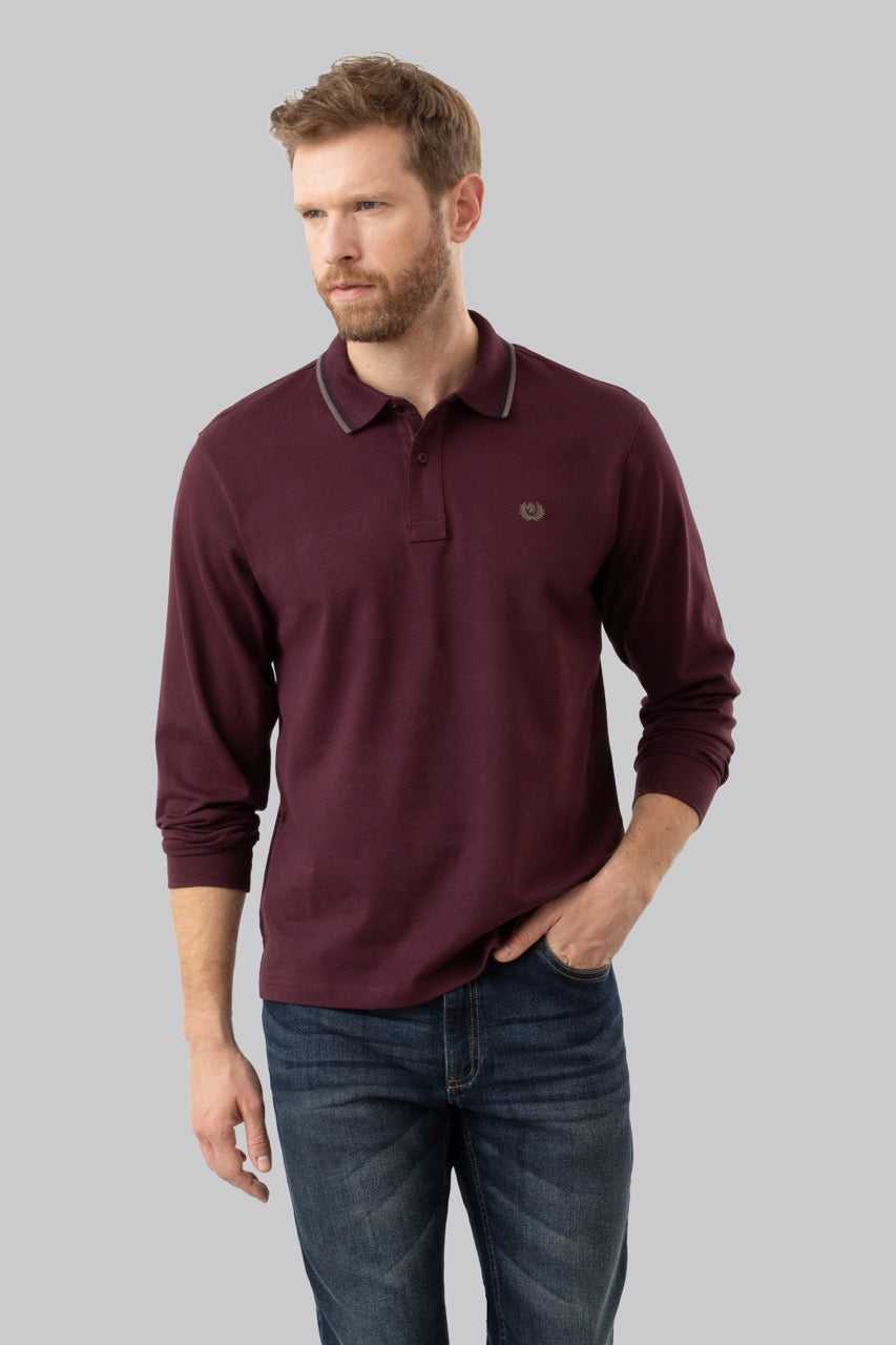 Polo manica lunga in cotone suede righe a contrasto e sottocollo logato