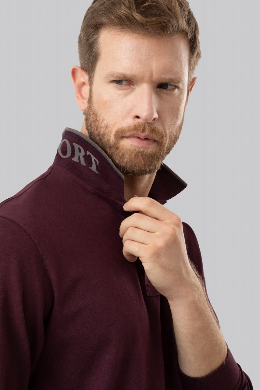 Polo manica lunga in cotone suede righe a contrasto e sottocollo logato