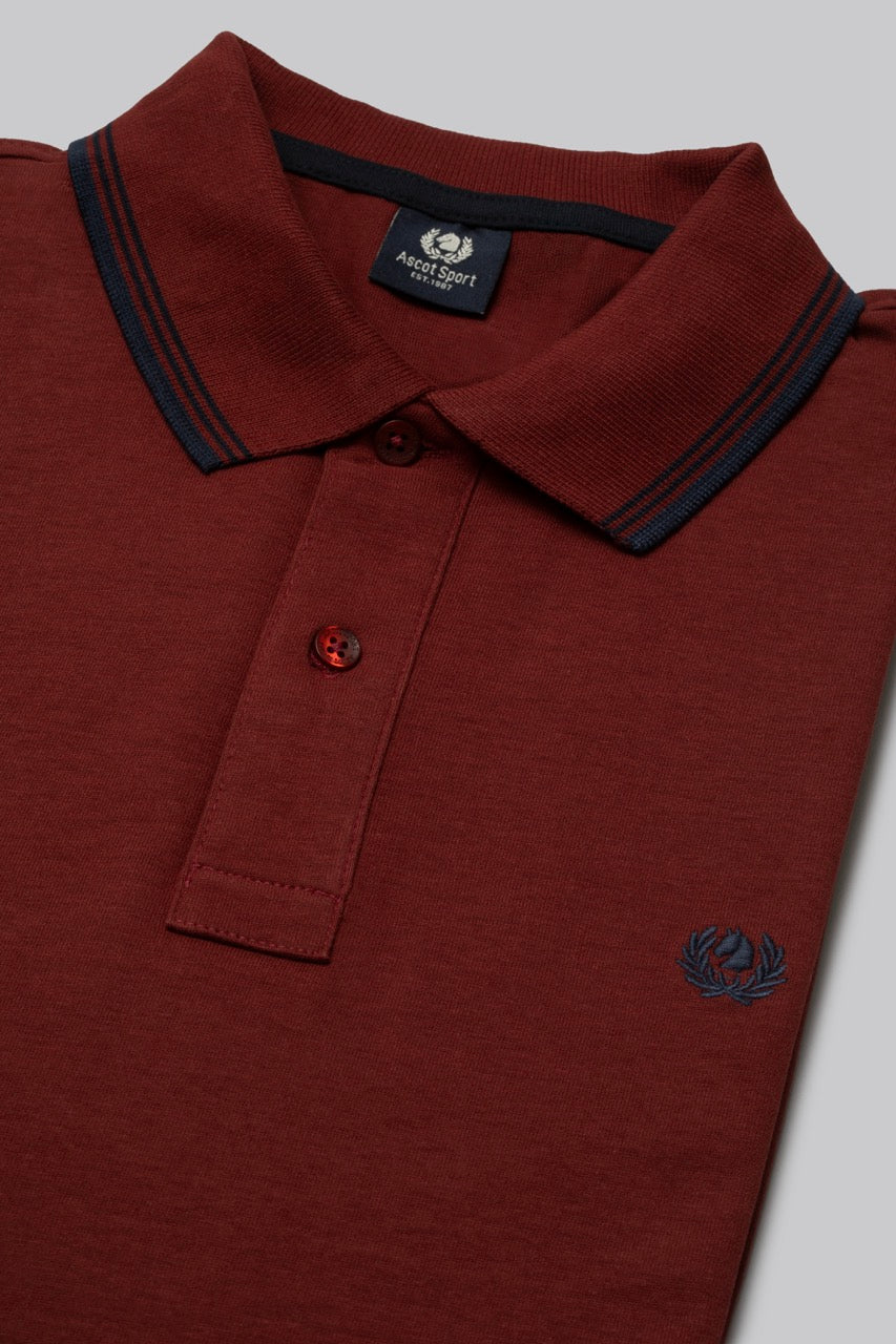 Polo manica lunga in cotone suede righe a contrasto e sottocollo logato