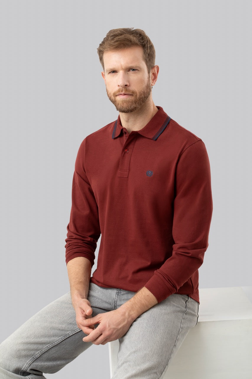 Polo manica lunga in cotone suede righe a contrasto e sottocollo logato