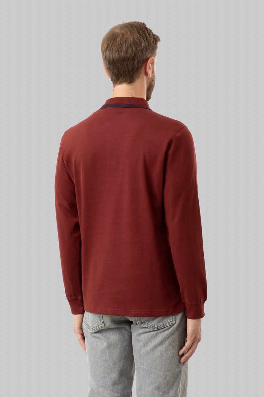 Polo manica lunga in cotone suede righe a contrasto e sottocollo logato