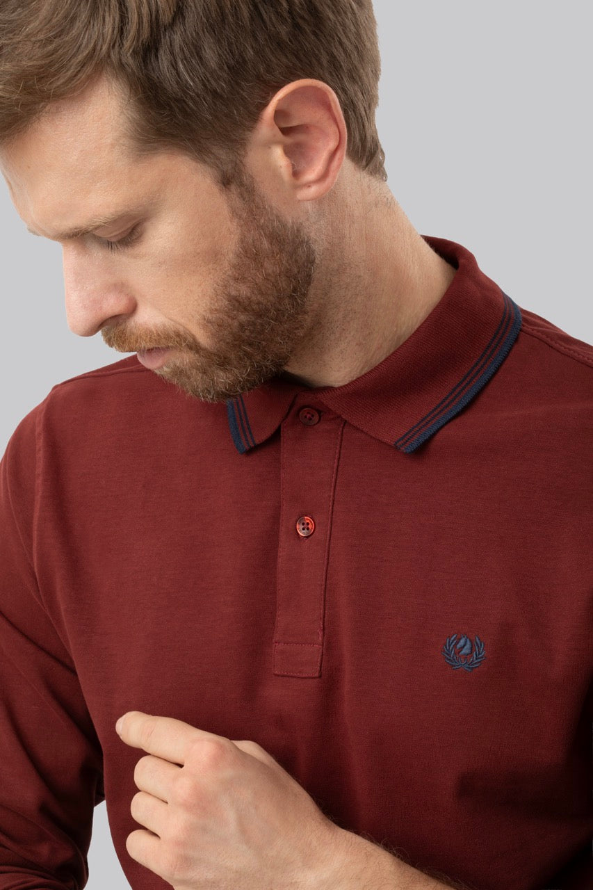 Polo manica lunga in cotone suede righe a contrasto e sottocollo logato