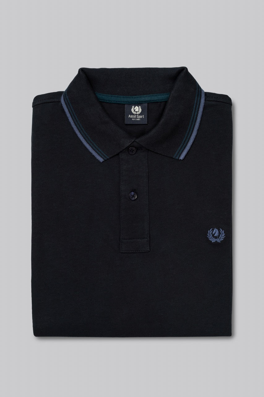 Polo manica lunga in cotone suede righe a contrasto e sottocollo logato