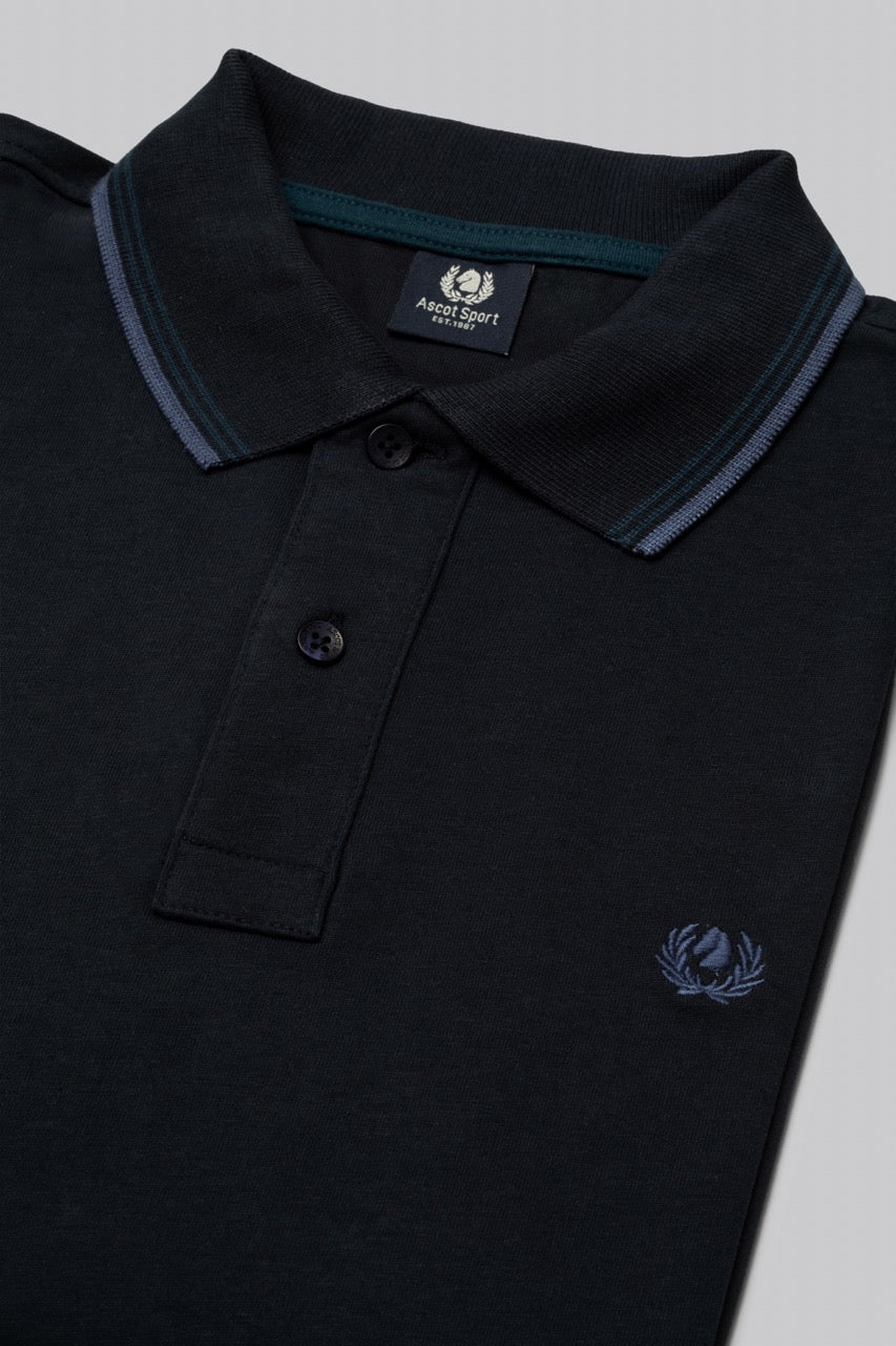Polo manica lunga in cotone suede righe a contrasto e sottocollo logato
