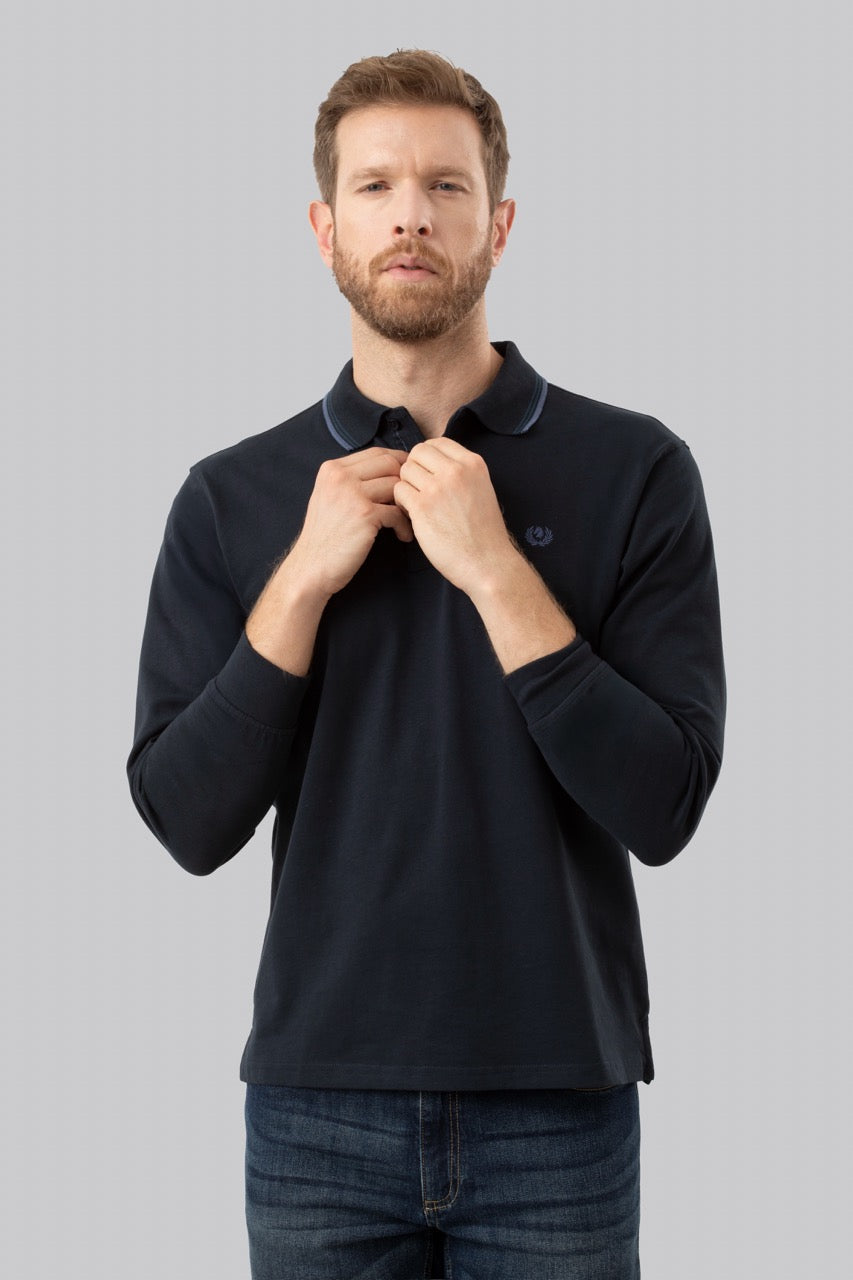 Polo manica lunga in cotone suede righe a contrasto e sottocollo logato
