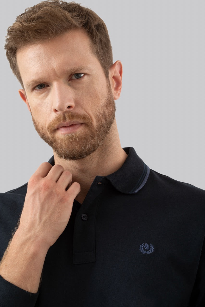 Polo manica lunga in cotone suede righe a contrasto e sottocollo logato