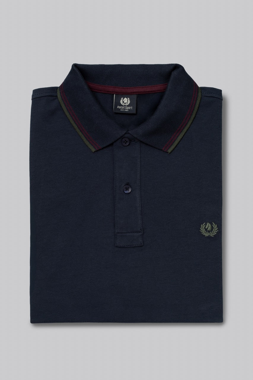 Polo manica lunga in cotone suede righe a contrasto e sottocollo logato