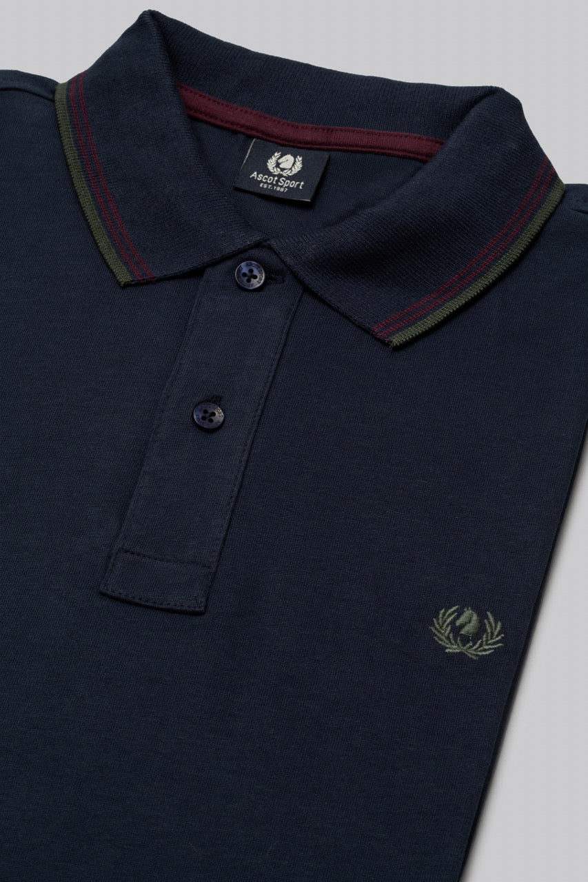 Polo manica lunga in cotone suede righe a contrasto e sottocollo logato