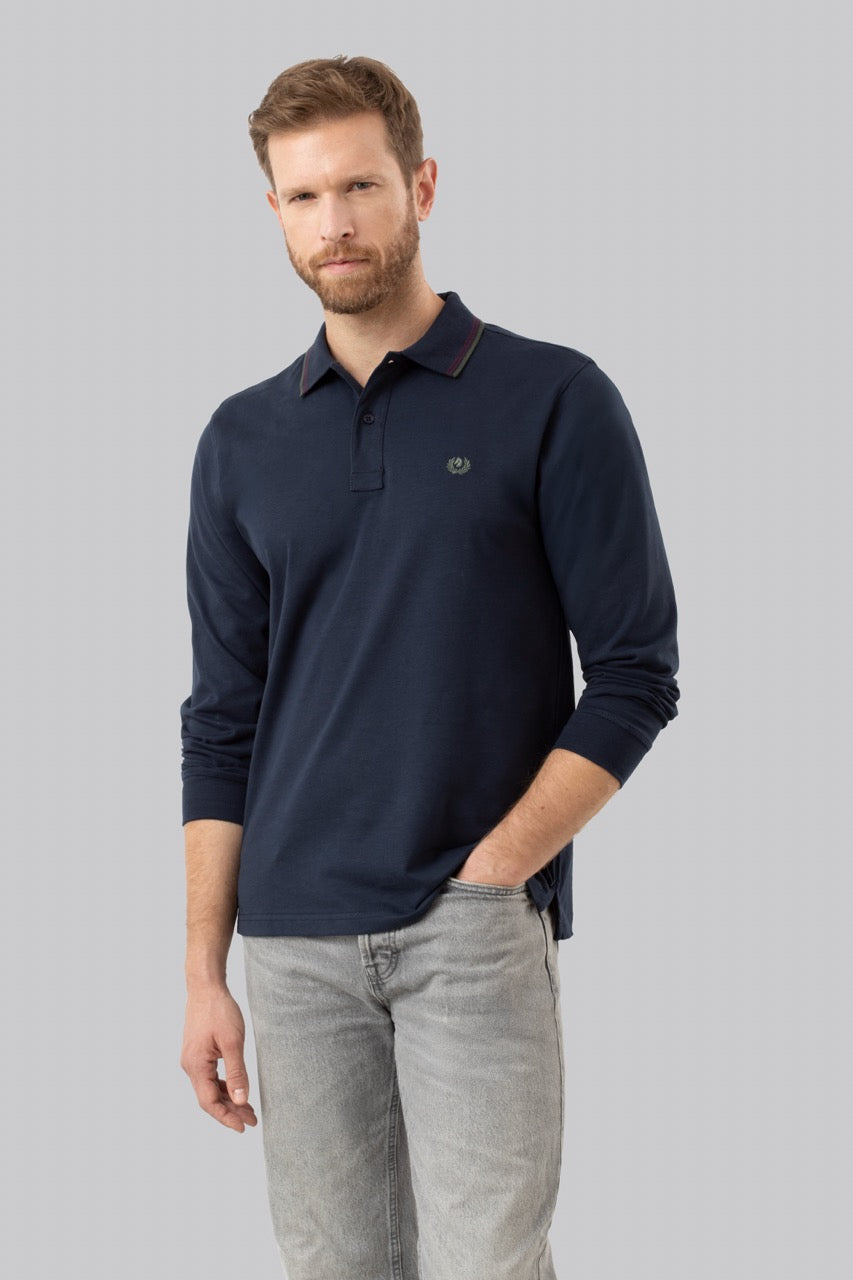Polo manica lunga in cotone suede righe a contrasto e sottocollo logato
