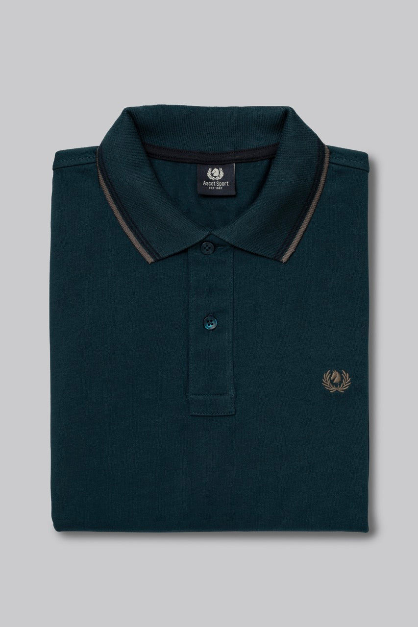 Polo manica lunga in cotone suede righe a contrasto e sottocollo logato
