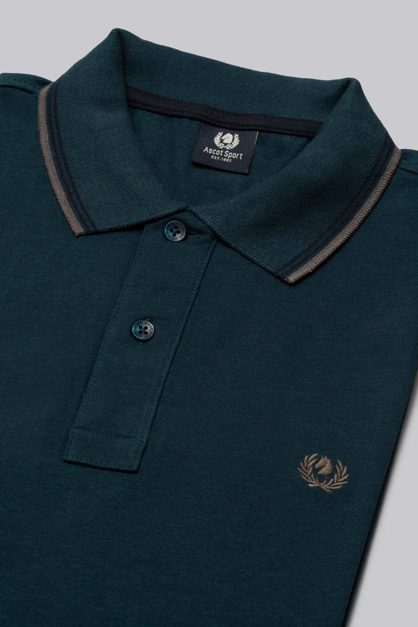 Polo manica lunga in cotone suede righe a contrasto e sottocollo logato