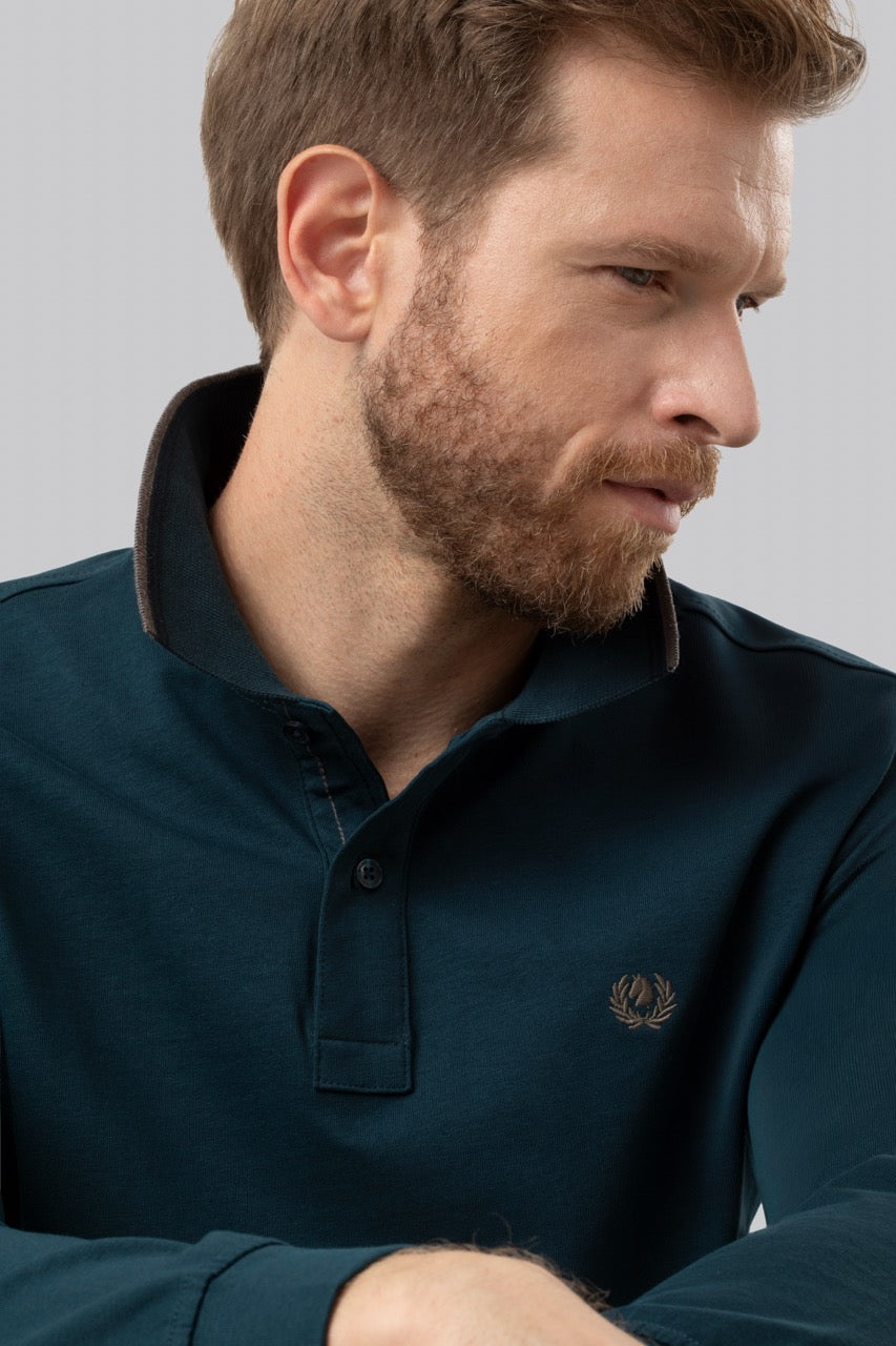 Polo manica lunga in cotone suede righe a contrasto e sottocollo logato