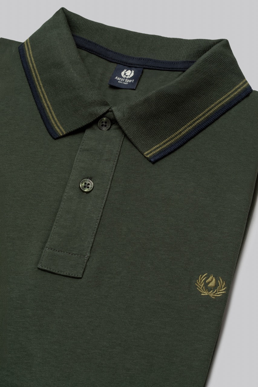 Polo manica lunga in cotone suede righe a contrasto e sottocollo logato