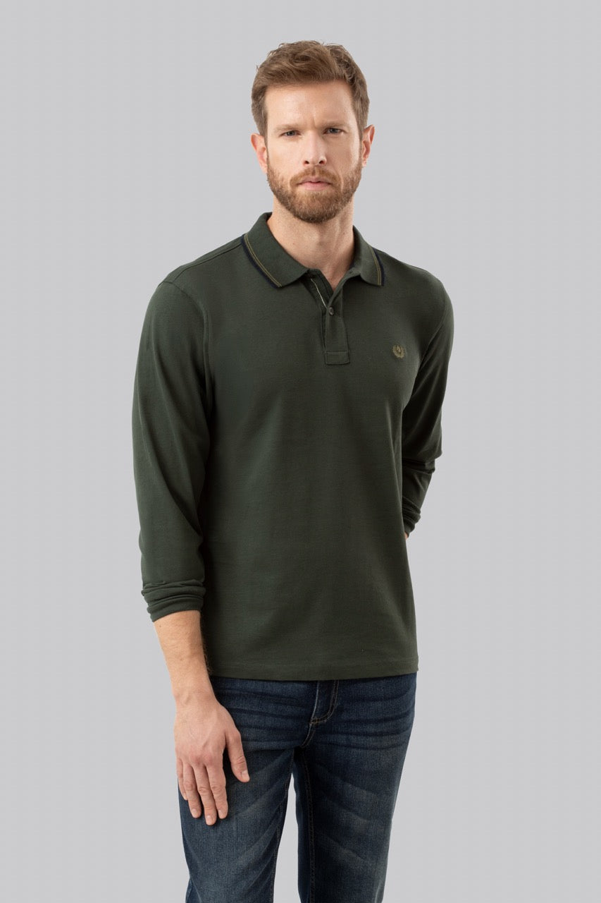 Polo manica lunga in cotone suede righe a contrasto e sottocollo logato