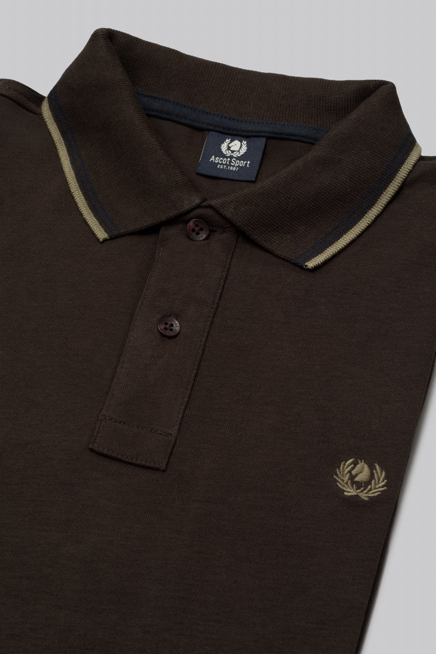 Polo manica lunga in cotone suede righe a contrasto e sottocollo logato