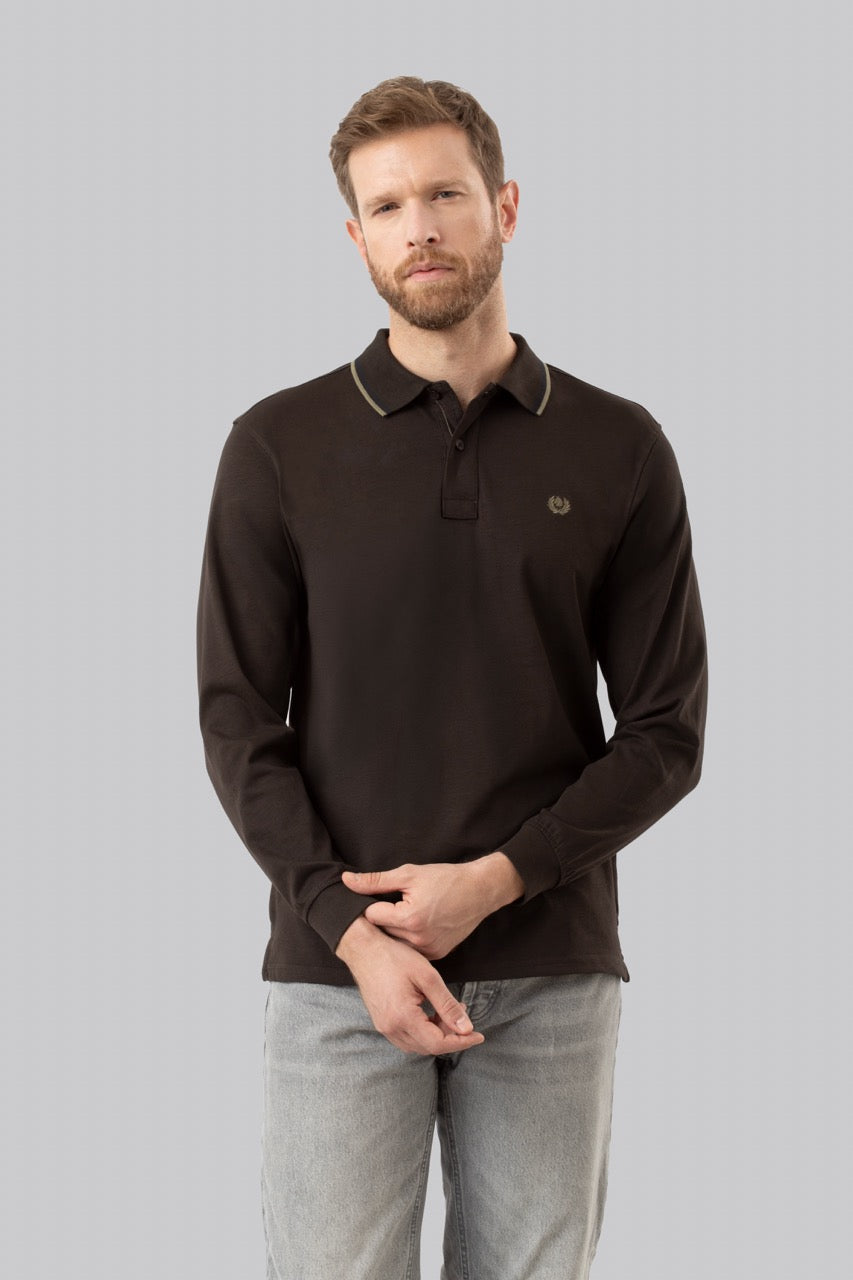 Polo manica lunga in cotone suede righe a contrasto e sottocollo logato