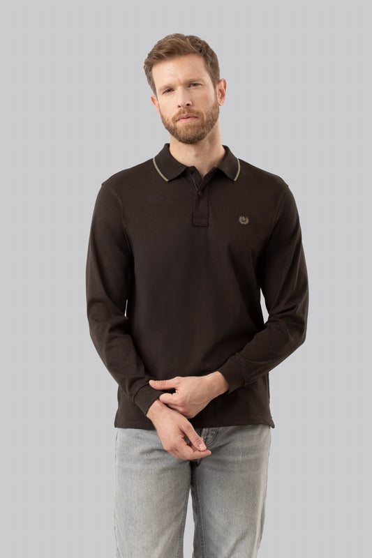 Polo manica lunga in cotone suede righe a contrasto e sottocollo logato