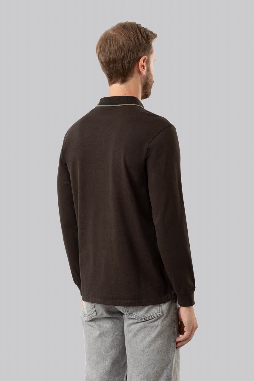 Polo manica lunga in cotone suede righe a contrasto e sottocollo logato