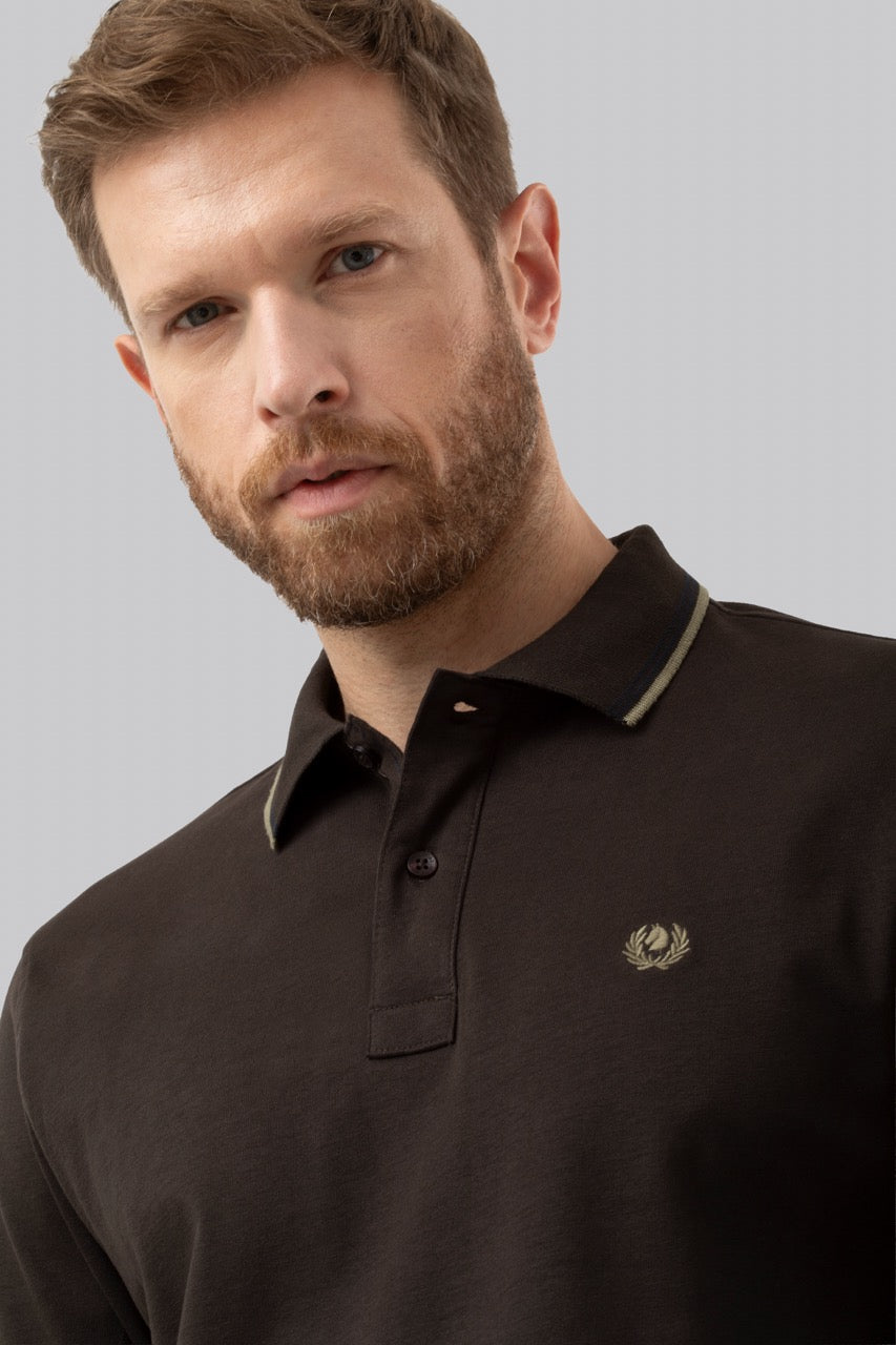 Polo manica lunga in cotone suede righe a contrasto e sottocollo logato