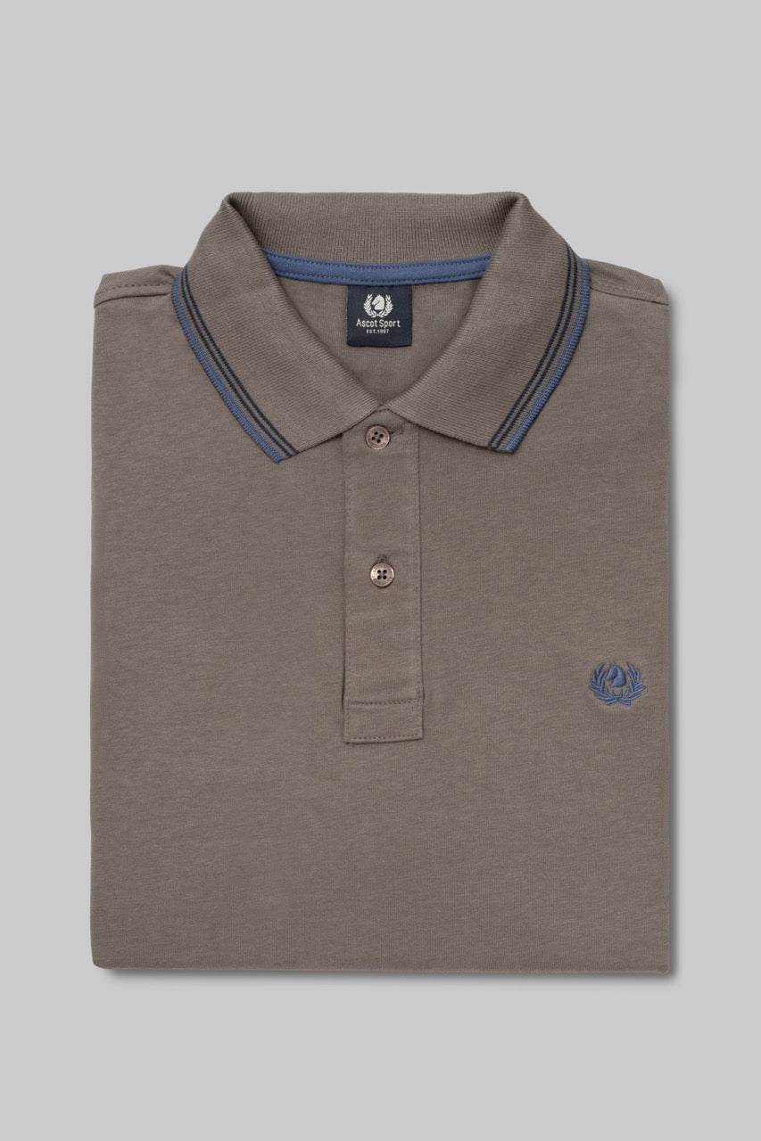Polo manica lunga in cotone suede righe a contrasto e sottocollo logato