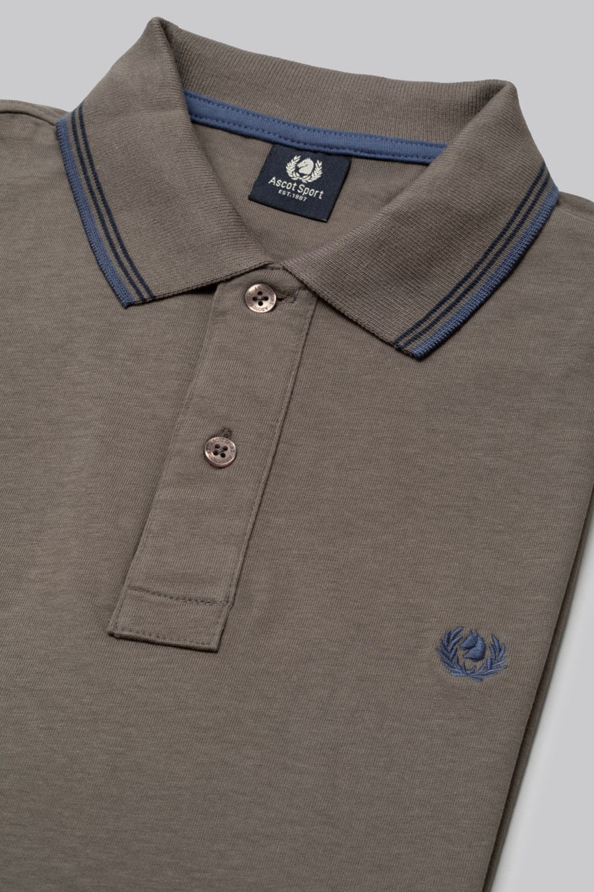 Polo manica lunga in cotone suede righe a contrasto e sottocollo logato
