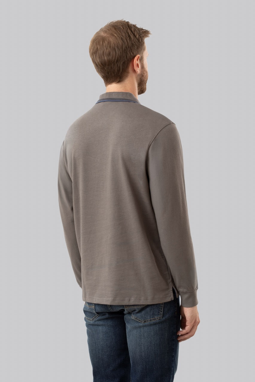 Polo manica lunga in cotone suede righe a contrasto e sottocollo logato