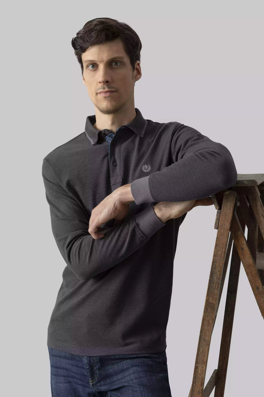 Two-tone effect long-sleeved polo shirt with inside neck print
