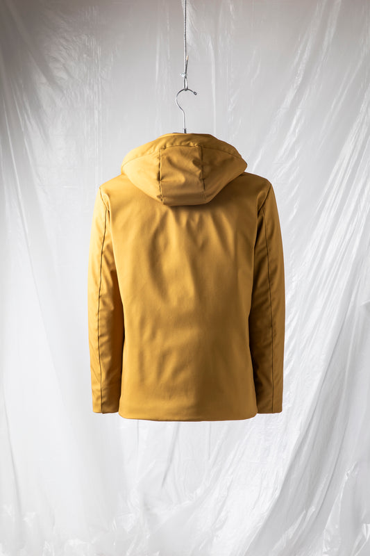 Padded jacket in technical fabric with hood and detachable bib