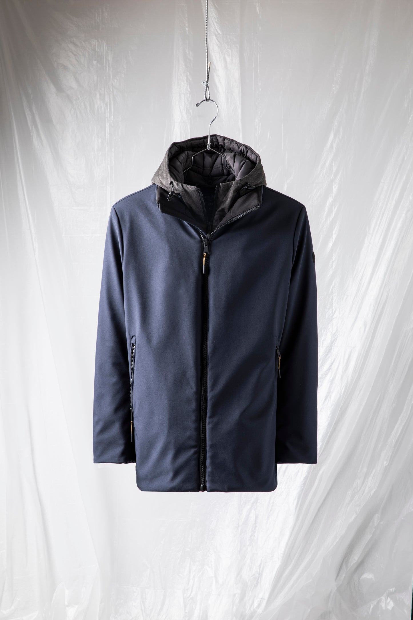 Jacket with bib and detachable hood in mélange effect