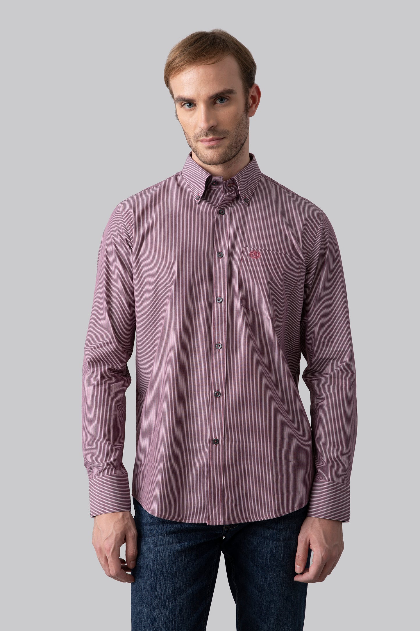 Camicia button down in popeline di cotone micro riga