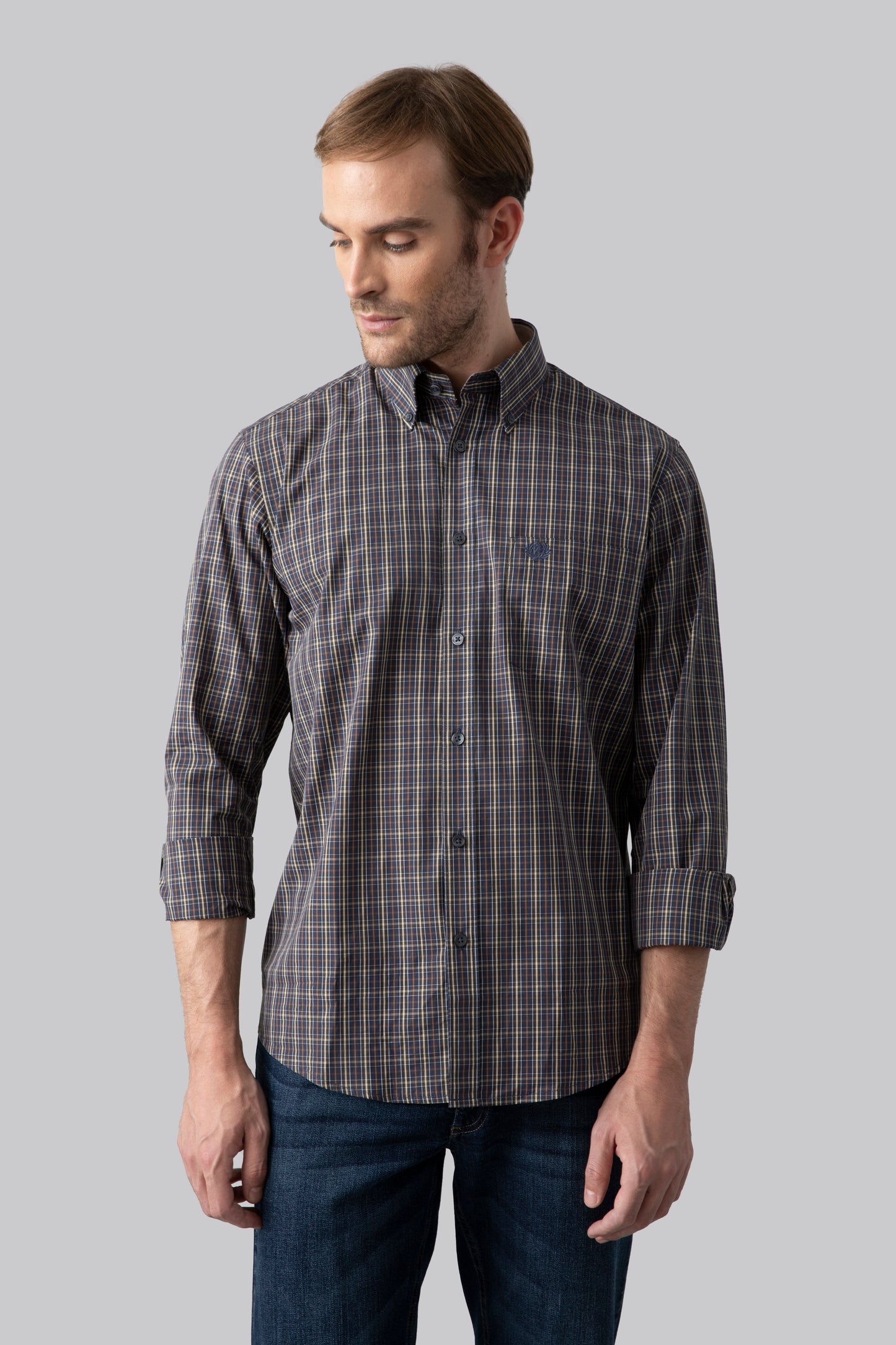 Camicia button down in popeline di cotone con motivo a quadri