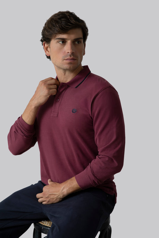 Long-sleeved cotton suede polo shirt