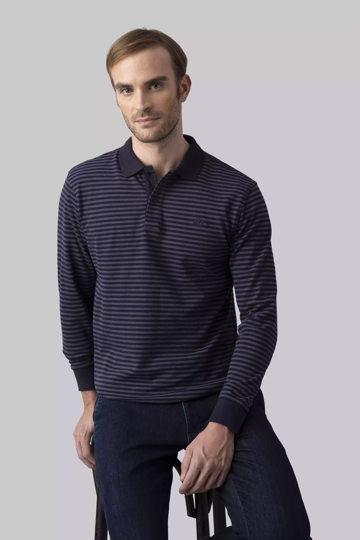 Long sleeve micro stripe polo shirt with contrasting collar and cuffs