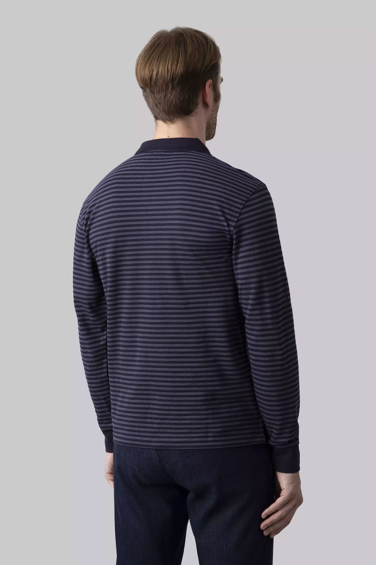 Long sleeve micro stripe polo shirt with contrasting collar and cuffs