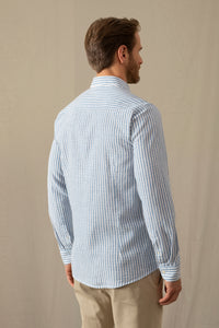Camicia collo classico in misto lino cotone riga operata